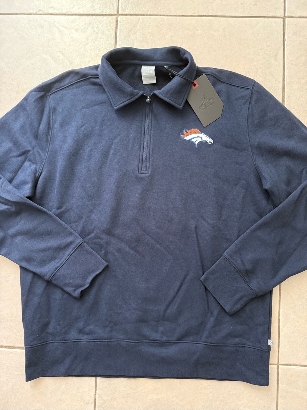 Men's Navy Quarter-Zip Pullover Sweater with Denver Broncos Logo